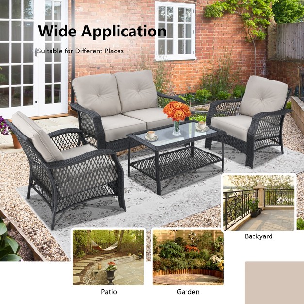 Tangkula 4pcs Patio Rattan Furniture Set Outdoor Conversation Set W tempered Glass Coffee Table Beige