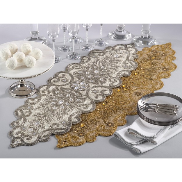 Saro Lifestyle Beaded Jeweled Scroll Motif Elegant Glam Design Table Runner