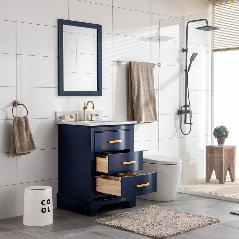 SUDIO Monroe 24 in. W x 22 in. D Bath Vanity in Navy Blue with Natural Marble Vanity Top in Carrara White with White Basin Monroe-24NB