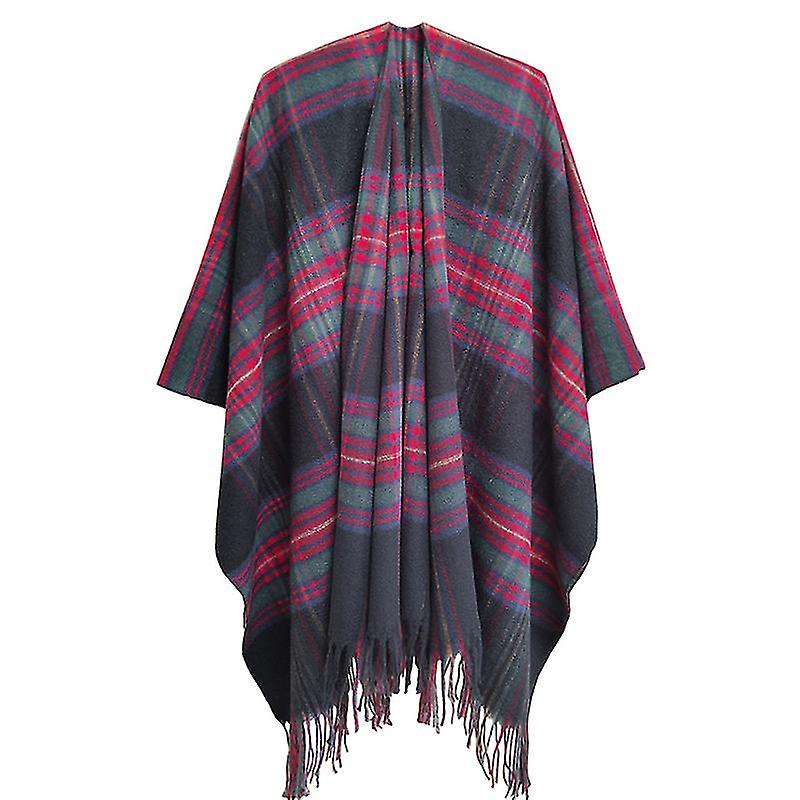 Women's Shawl Fashion Trend Plaid Soft Shawl Open Front Poncho Fringe Cape_a