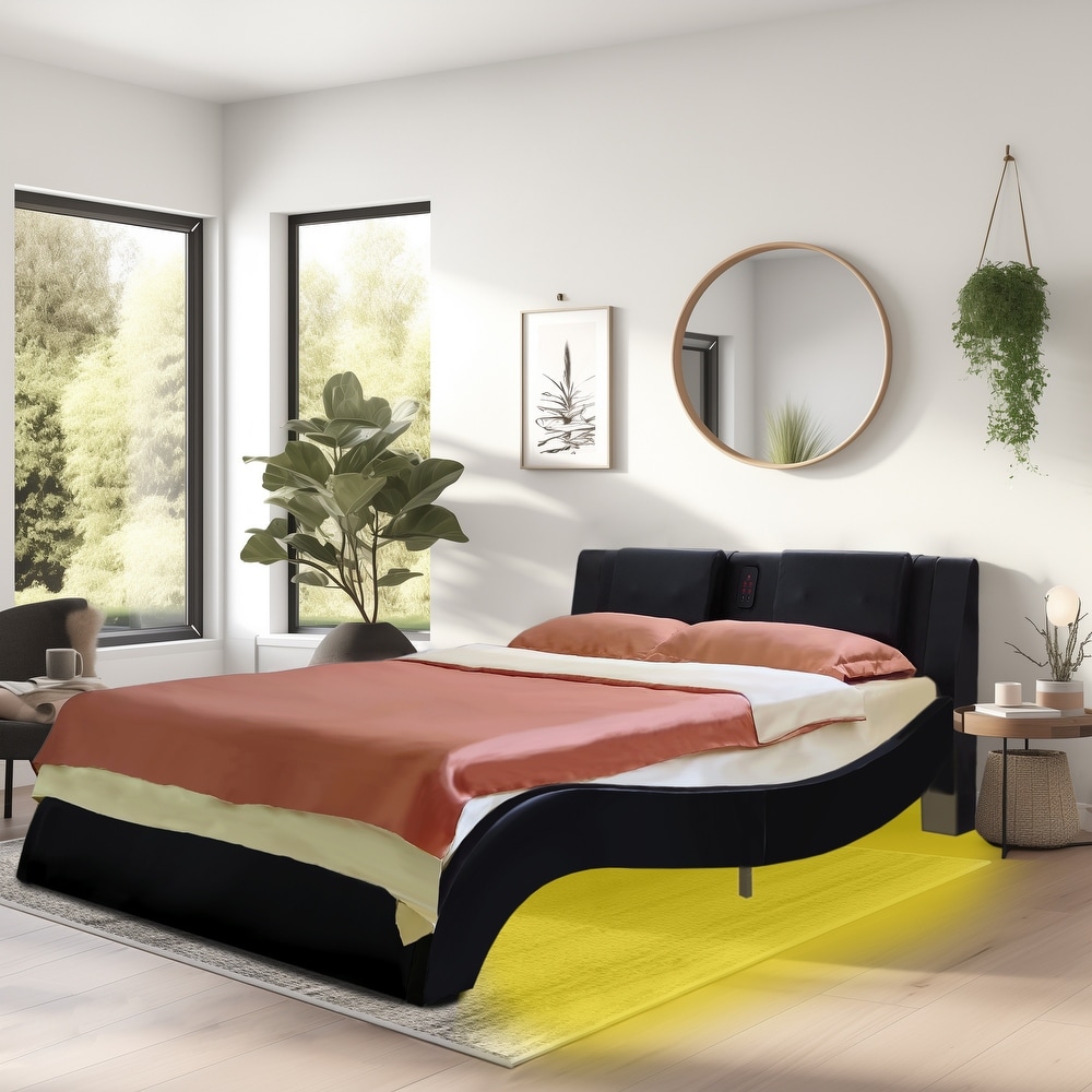 High Technology Platform Bed Multi Functional Bed Frame with LED  Backrest Vibration Massage  Bluetooth Connection   Black