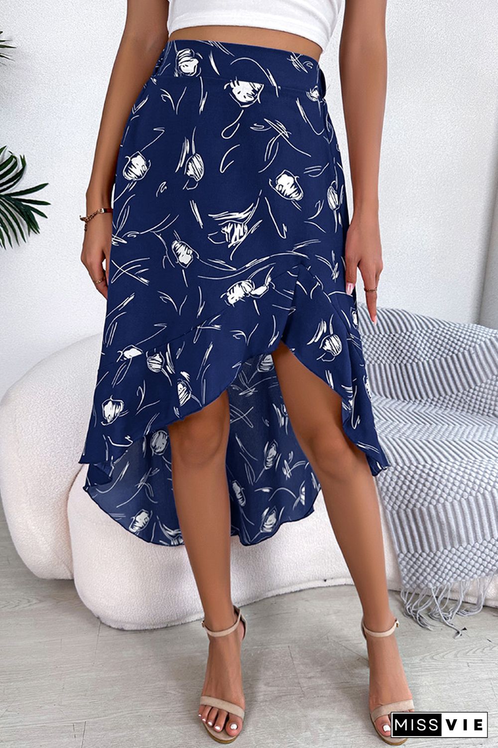 Floral Printed Irregular Length Ruffles Skirt