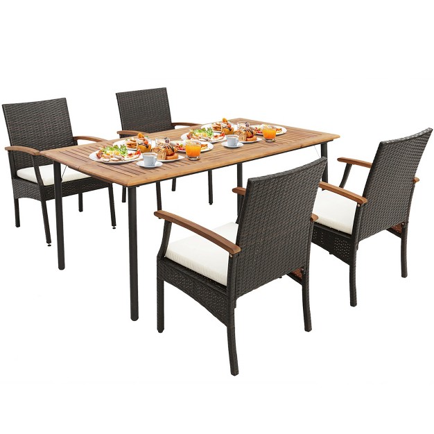 Costway 5pcs Patio Wicker Dining Set Cushion Acacia Wood Armchairs Table With Umbrella Hole