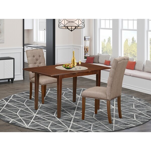 3Pc Dining Room Set - a Dining Table - 2 Parsons Chairs Upholstered with Linen Fabric - Mahogany Finish ( Fabric Color Options)