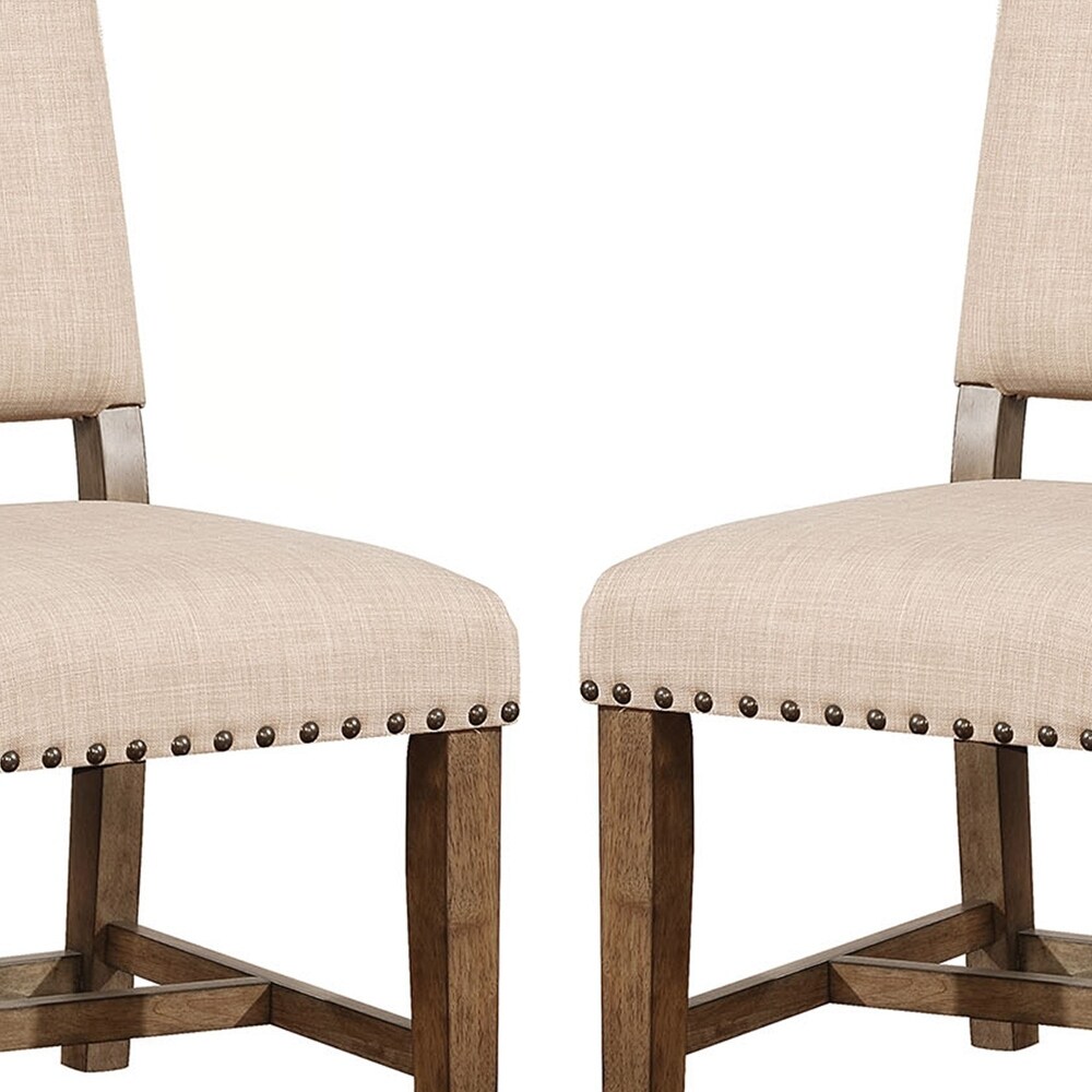 Fabric Upholstered Solid Wood Side Chair  Pack of Two  Beige and Brown