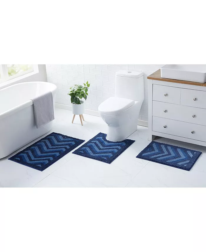 Clara Clark 3 Piece Ultra Soft Non Slip Shaggy Bath Rug - Chevron Design - Small Large and Contour