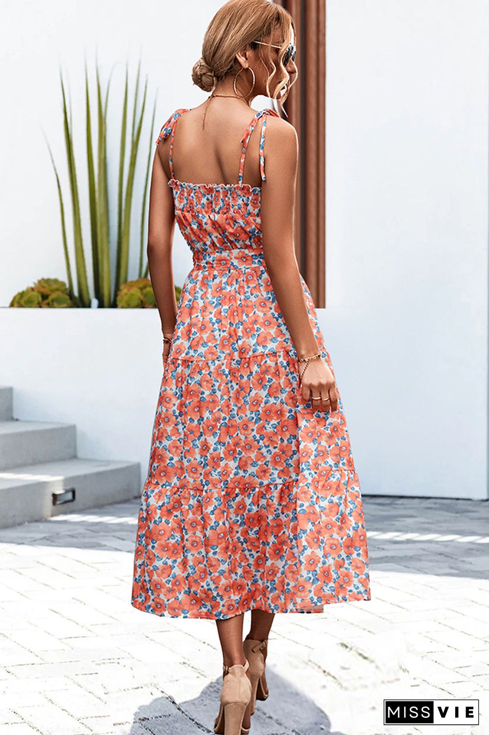 Smocked Neckline Tie Strap Tiered Floral Maxi Dress