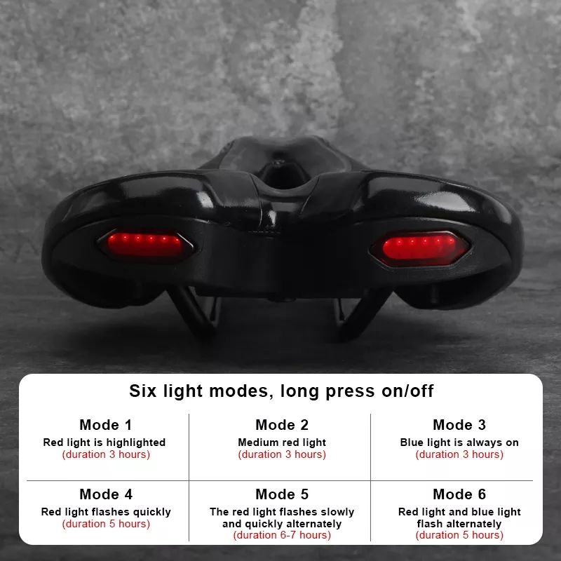 RIDERACE Road Bike Saddle With Warning Taillight USB Charging MTB PU Breathable Seat Mountain Cycling Racing Soft Seat Cushion