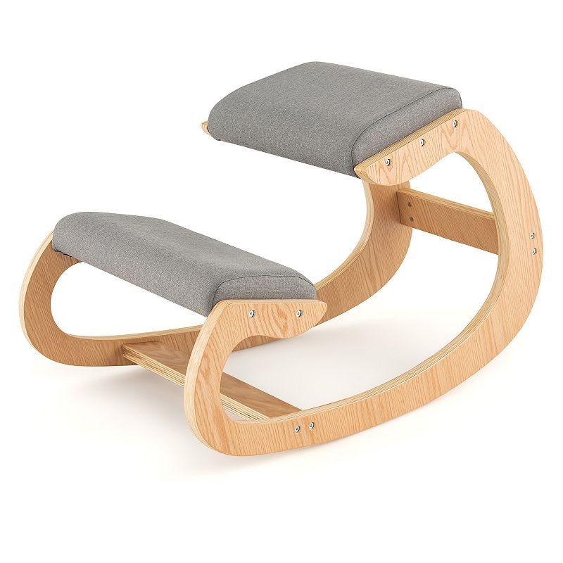 Wooden Rocking Chair With Comfortable Padded Seat Cushion And Knee Support