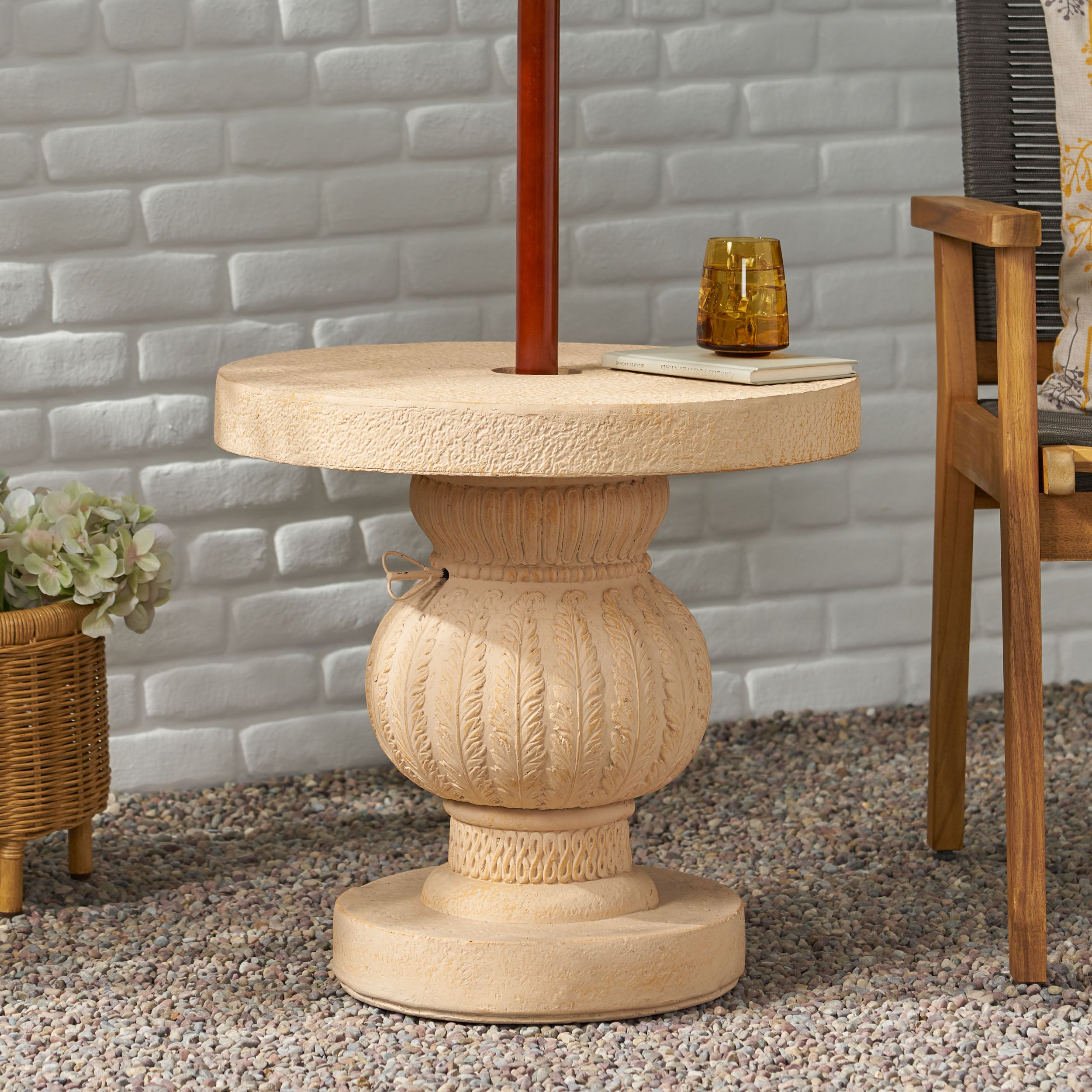 Speakes Outdoor Cast Stone Umbrella Holder Side Table