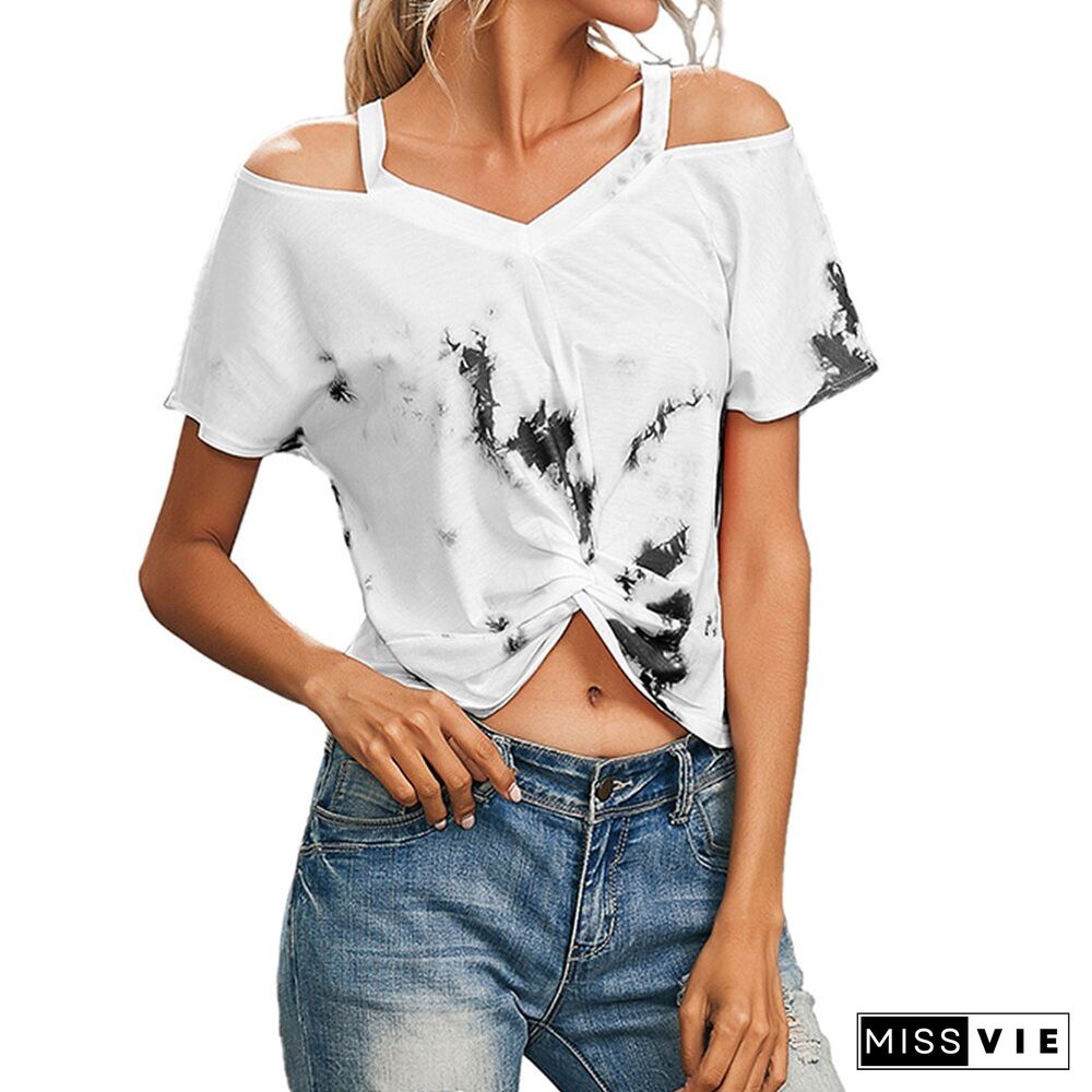 White Women Print Crop Top Summer Off Shoulder Short T-Shirt Spaghetti Strap Short Sleeve For Ladies Casual Female Clothes D30