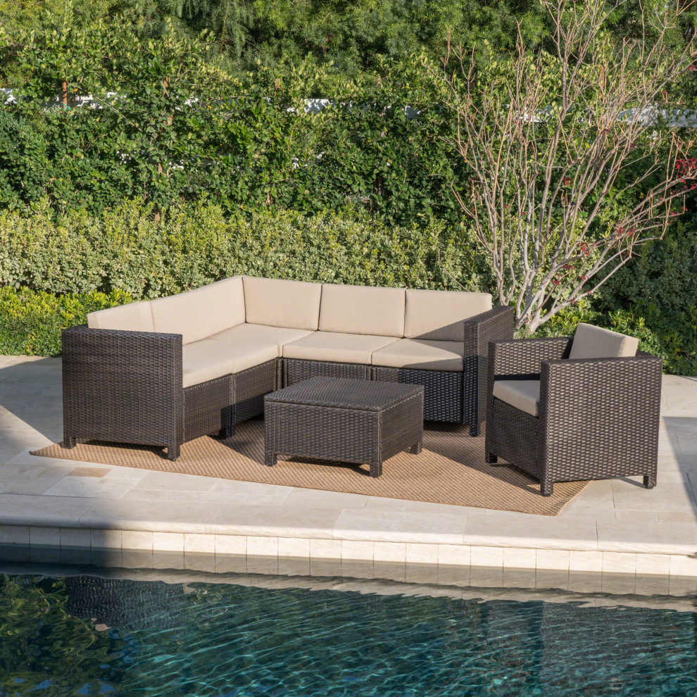 GDF Studio Pueblo Outdoor Wicker V Shaped Sectional Sofa Set With Club Chair   Tropical   Outdoor Lounge Sets   by GDFStudio  Houzz