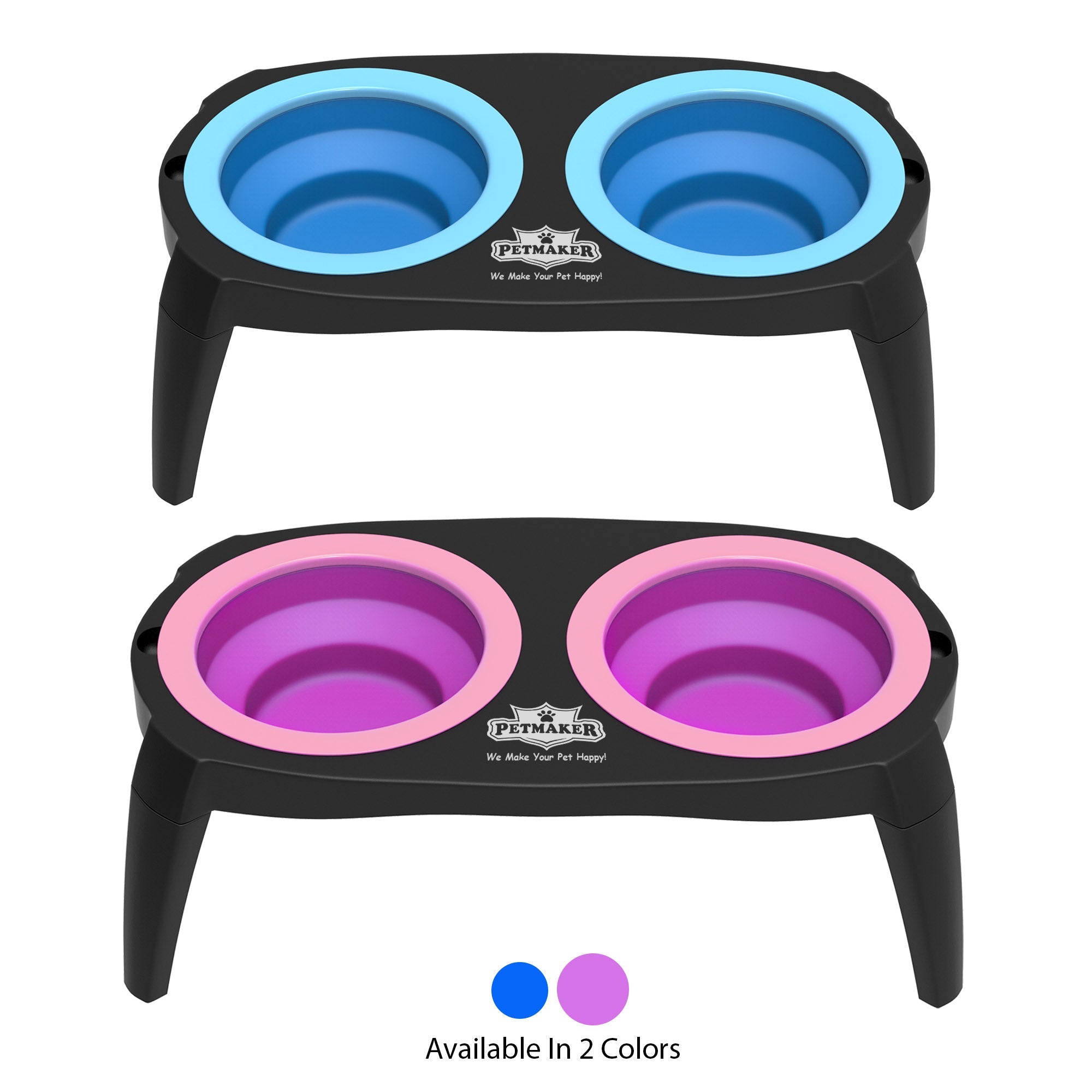 Elevated Pet Bowls with Non Slip Stand for Dogs and Cats-Removeable and Collapsible Silicone Feeder for Food and Water- 16 Oz Each By PETMAKER (Pink)