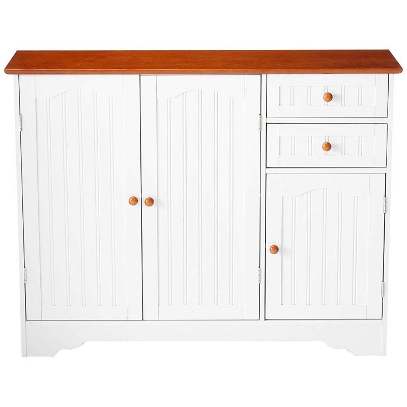 White Wood Sideboard Buffet Cabinet With Walnut Finish Top And Knobs