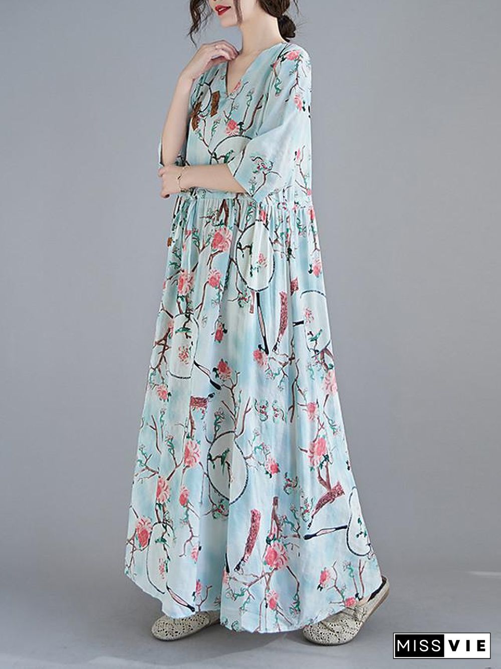 Women's Swing Dress Maxi long Dress 3/4 Length Sleeve Floral Spring Summer Casual Blushing Pink Light Blue M L XL XXL