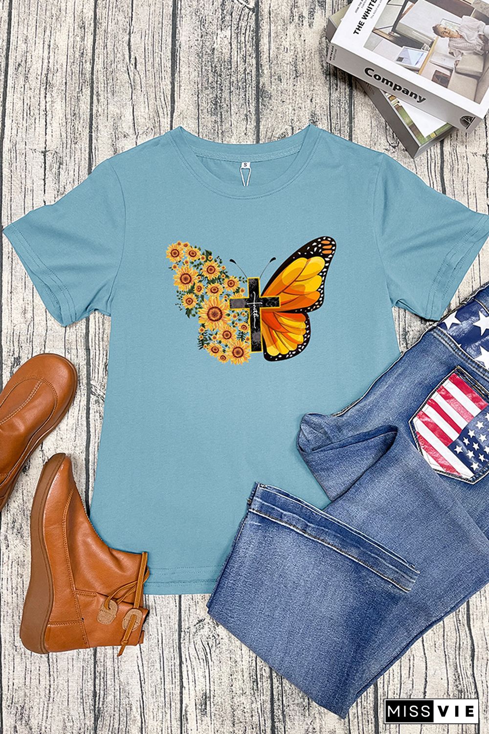 Butterfly Print Short Sleeve Graphic Tee Wholesale