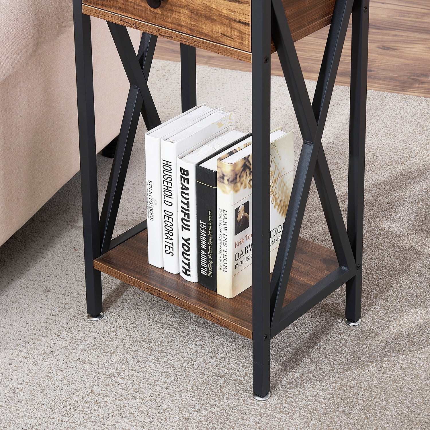 VECELO Set of 2 Nightstand with Drawer, Industrial Side End Table for Bedroom/Living Room/Office, X-shaped Frame Design, Brown