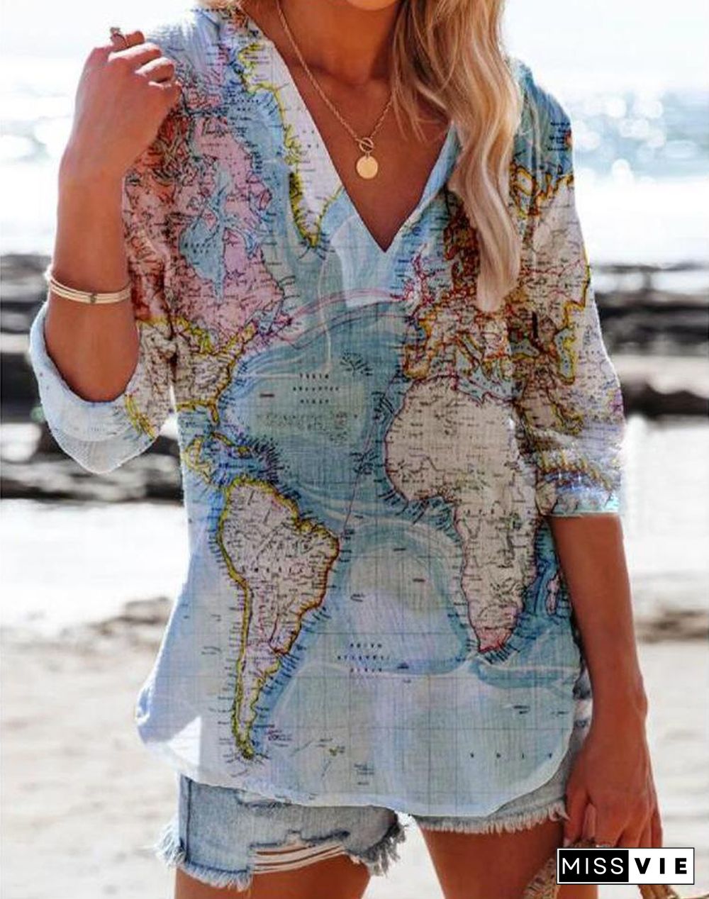 V Neck Map Printed Shirt