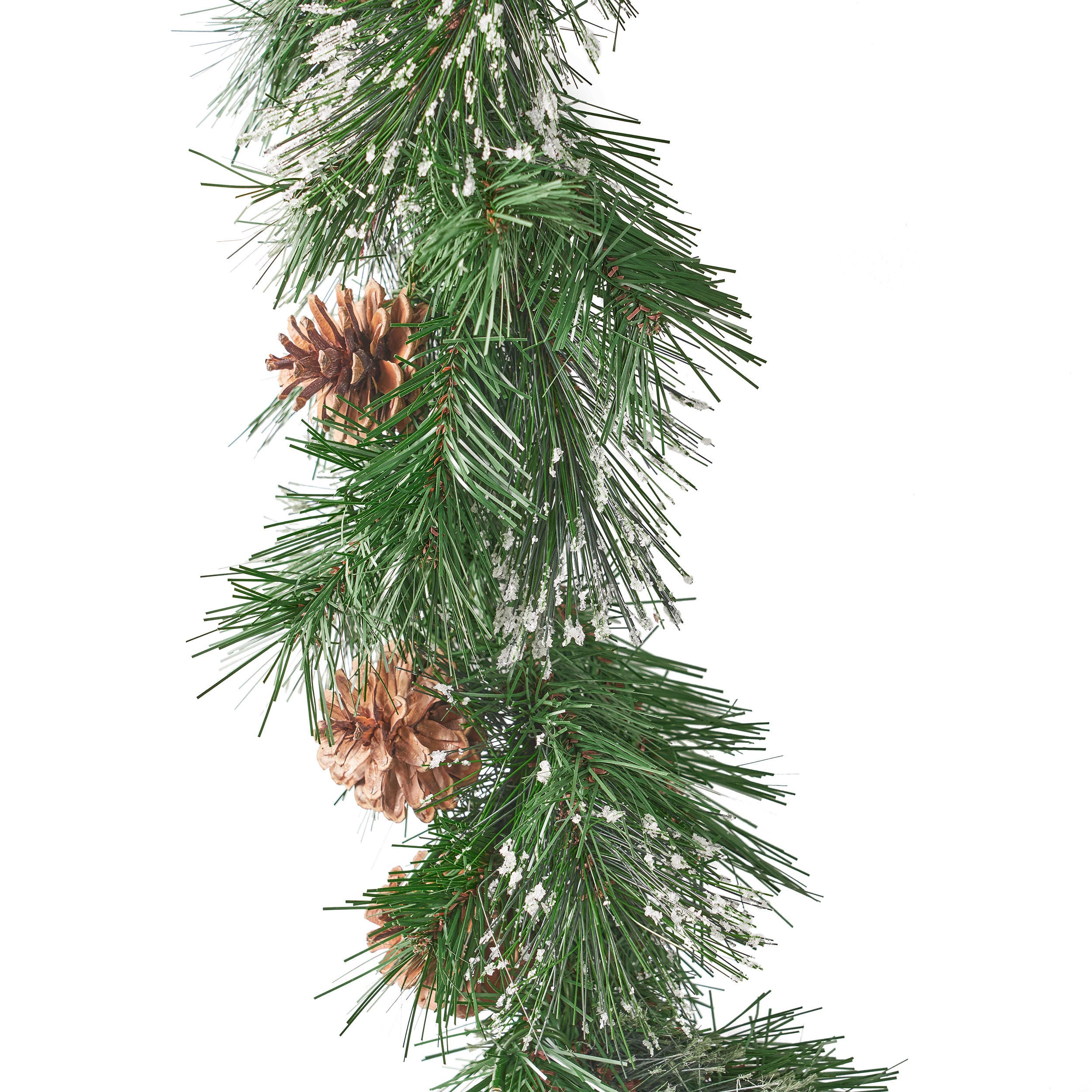 9-foot Mixed Spruce Pre-Lit Warm White LED Artificial Christmas Garland with Snowy Branches and Pinecones