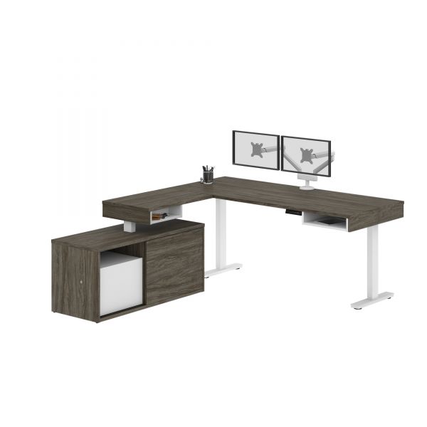 Bestar Pro-Vega Height Adjustable L-Desk with Dual Monitor Arm in Walnut Grey and White