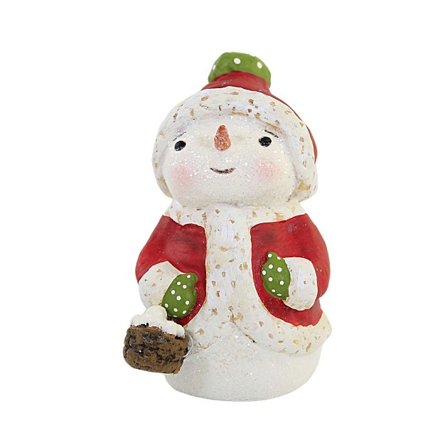 Christmas Snuggle Up In Coat Snowman One Figurine 5 0 Inches Basket Of Snowballs Ma1070 Polyresin Red