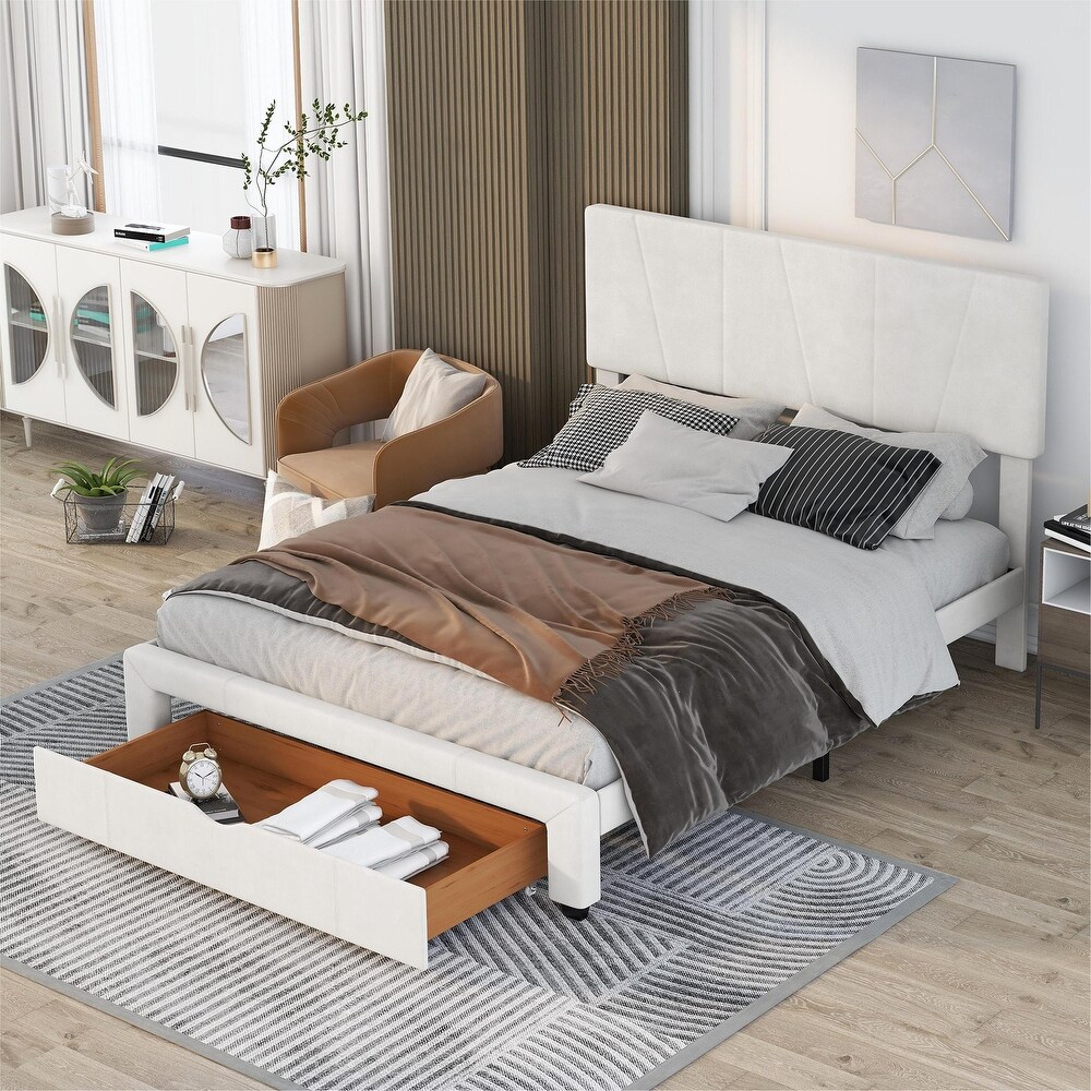 Modern Queen Size Upholstery Platform Bed with One Drawer