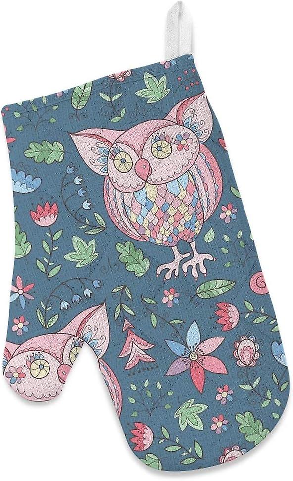 Insulation Kitchen Oven Mitts Potholder Apron 3pcs Set Cute Owls And Flowers Leaves Non Slip Heat Resistant Gloves For Baking Cooking Bbq