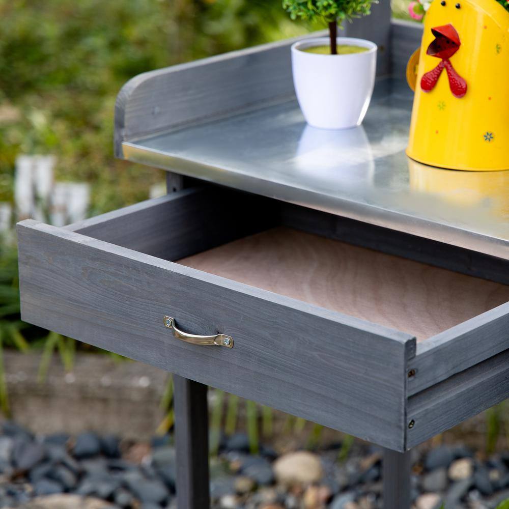 Grey Outdoor Wooden Potting Bench Table Garden Work Station with Storage Cabinet Steel Tabletop Side Hooks Drawer PT-P174492FU