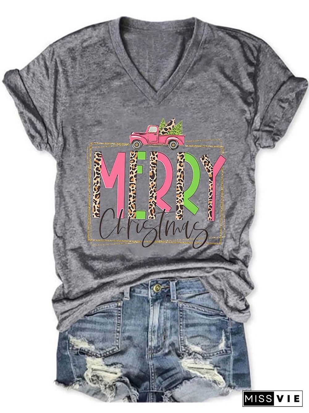 Women's Casual Merry Christmas Printed Short Sleeve T-Shirt