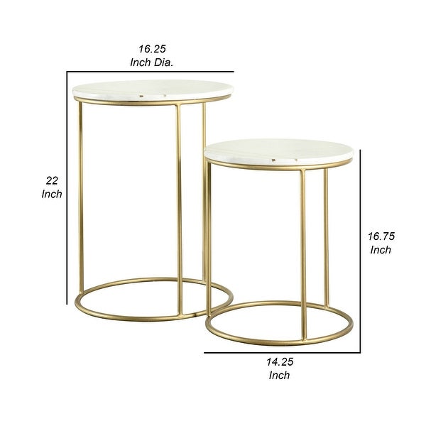 22， 17 Inch Modern 2 Piece Nesting End Table Set， White Marble Top， Gold