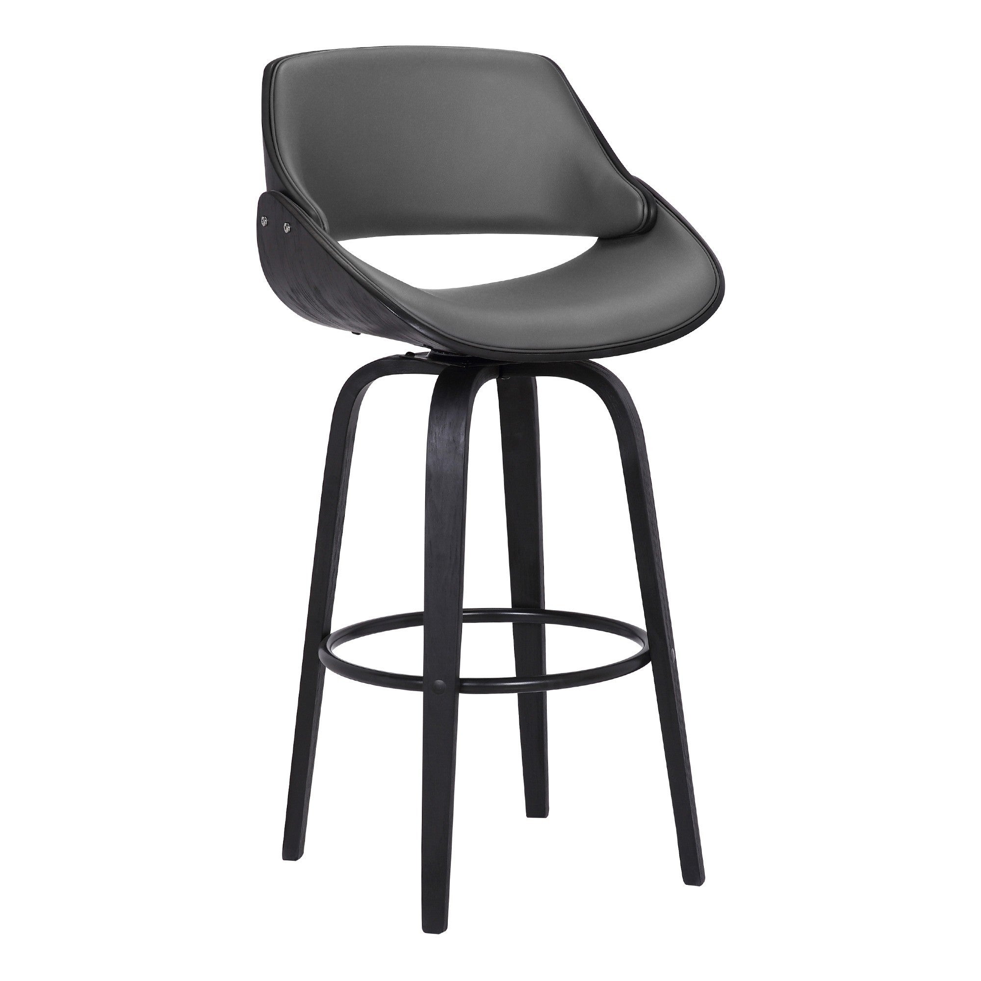 30 Inch Leatherette and Wooden Swivel Barstool， Black and Gray