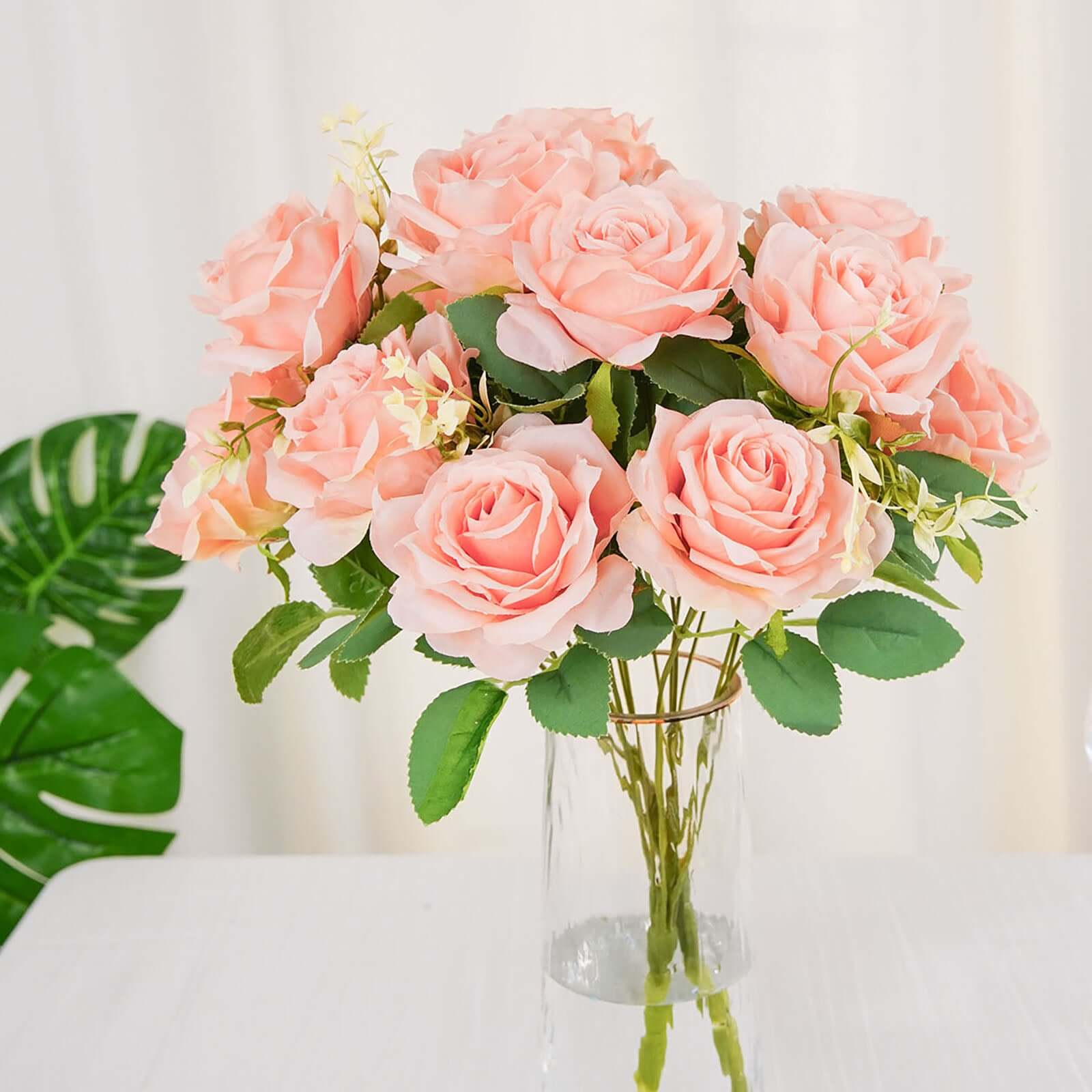 2 Bushes Blush Artificial Silk Rose Flower Arrangements, Real Touch Long Stem Flower Bouquet 18