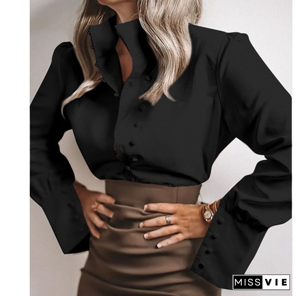 Spring Autumn Women Long Sleeve Blouse Lapel Collar OL Elegant Casual Office Shirt Plus Size Tops