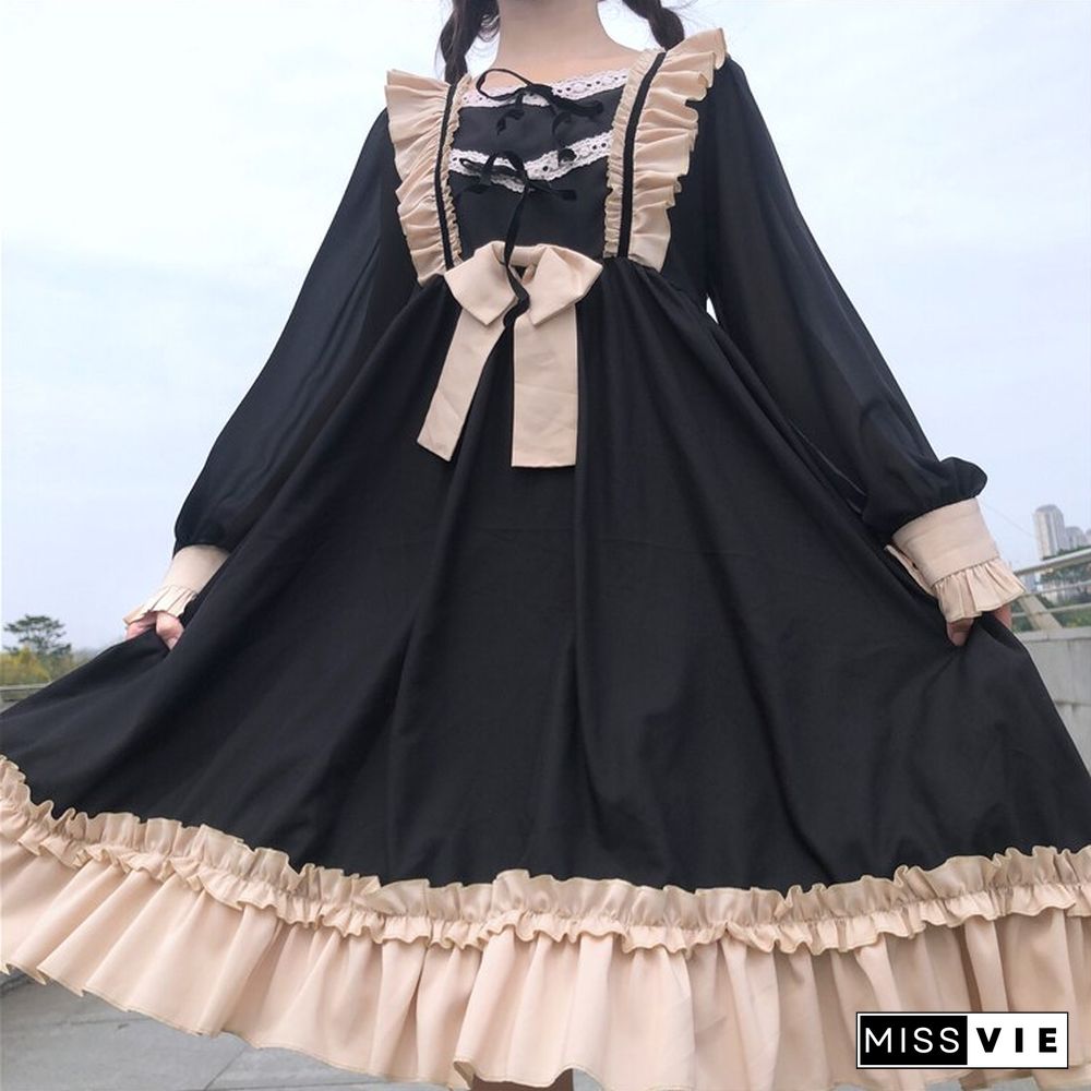 Harajuku Lolita Dress Daily Palace Bow-Knot Sweet Cute Retro Lotus Leaf Bow Vestidos Noble Sweet Gothic Party Robe Renaissance