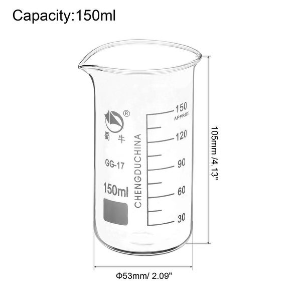 2pcs 150ml Tall Form Glass Beaker 3.3 Borosilicate Lab Measuring Cups - Clear