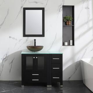 Wonline 36 in. W x 21.3 in. D x 29.1 in. H Single Sink Bath Vanity in Black with Glass Top and Mirror 4181+4182+1001