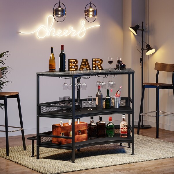 3-Tier Home Bar Unit with Storage Shelf，Wine Liquor Bar Table with Stemware Racks and Footrest for Home Pub