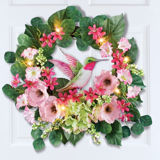 Collections Etc Hummingbird And Pink Hydrangeas Lighted Wreath