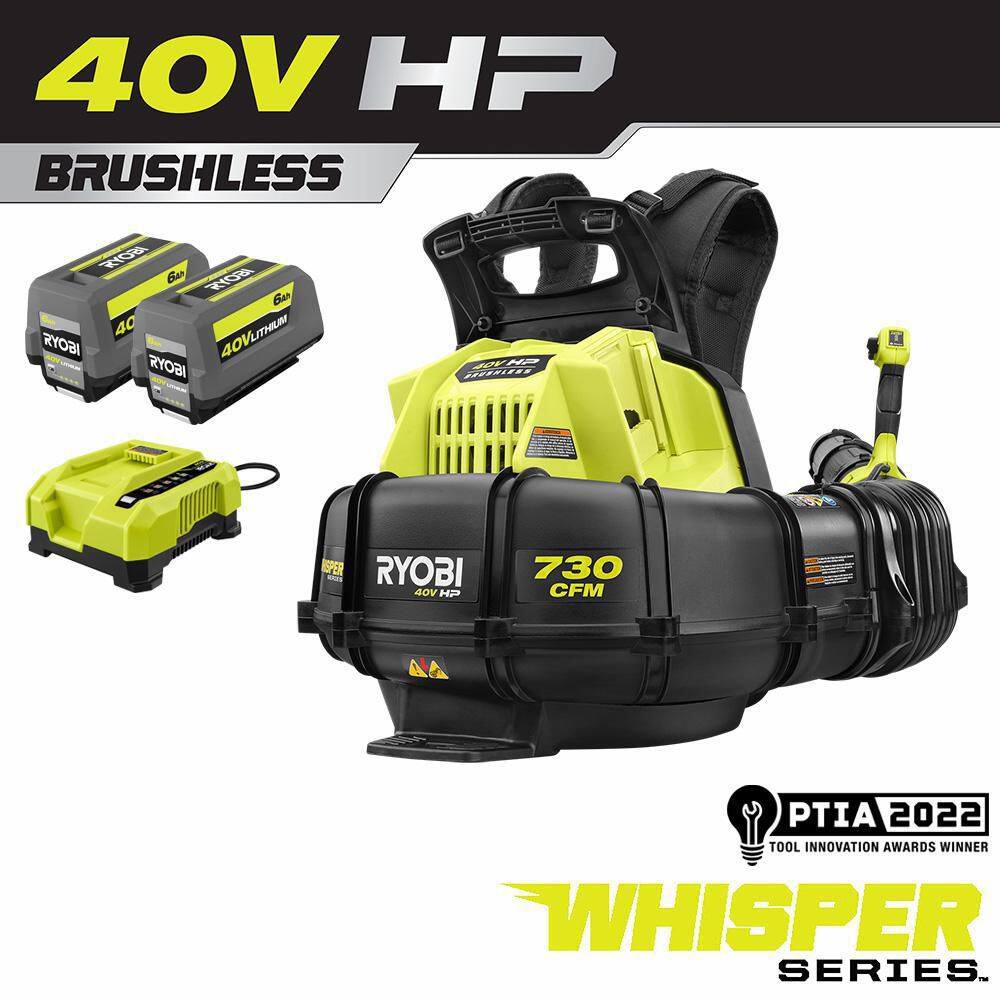 RYOBI 40V HP Brushless Whisper Series 165 MPH 730 CFM Cordless Battery Backpack Blower with (2) 6.0 Ah Batteries and Charger RY404170