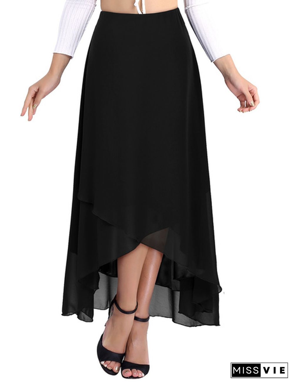 Ladies Elegant Summer High Waist Solid Color Maxi Long Chiffon Skirt For Beach Casual Wear