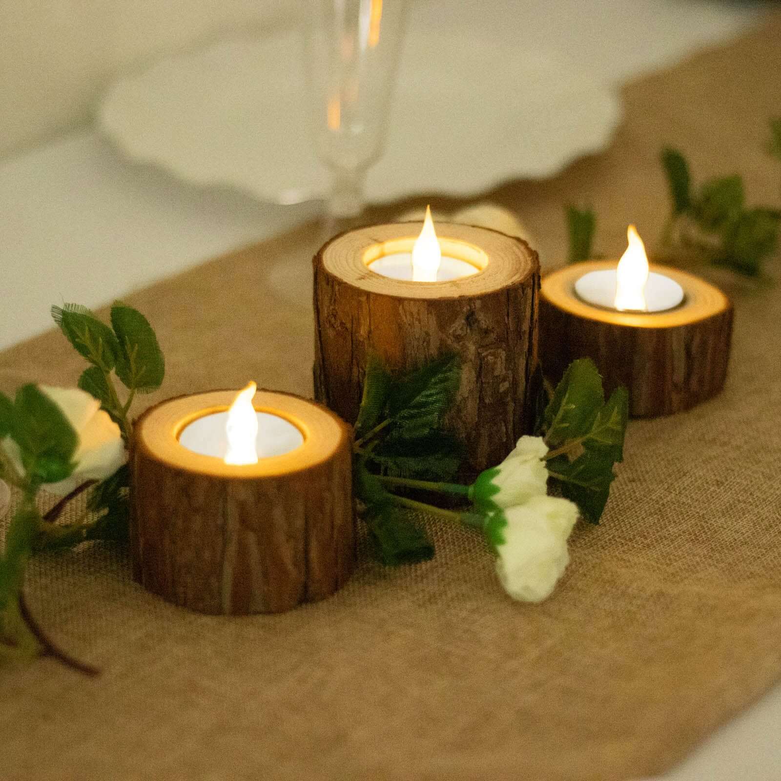 Set of 3 Assorted Farmhouse Wood Slice Votive Candle Holders, Rustic Tree Branch Wedding Table Décor 2.75