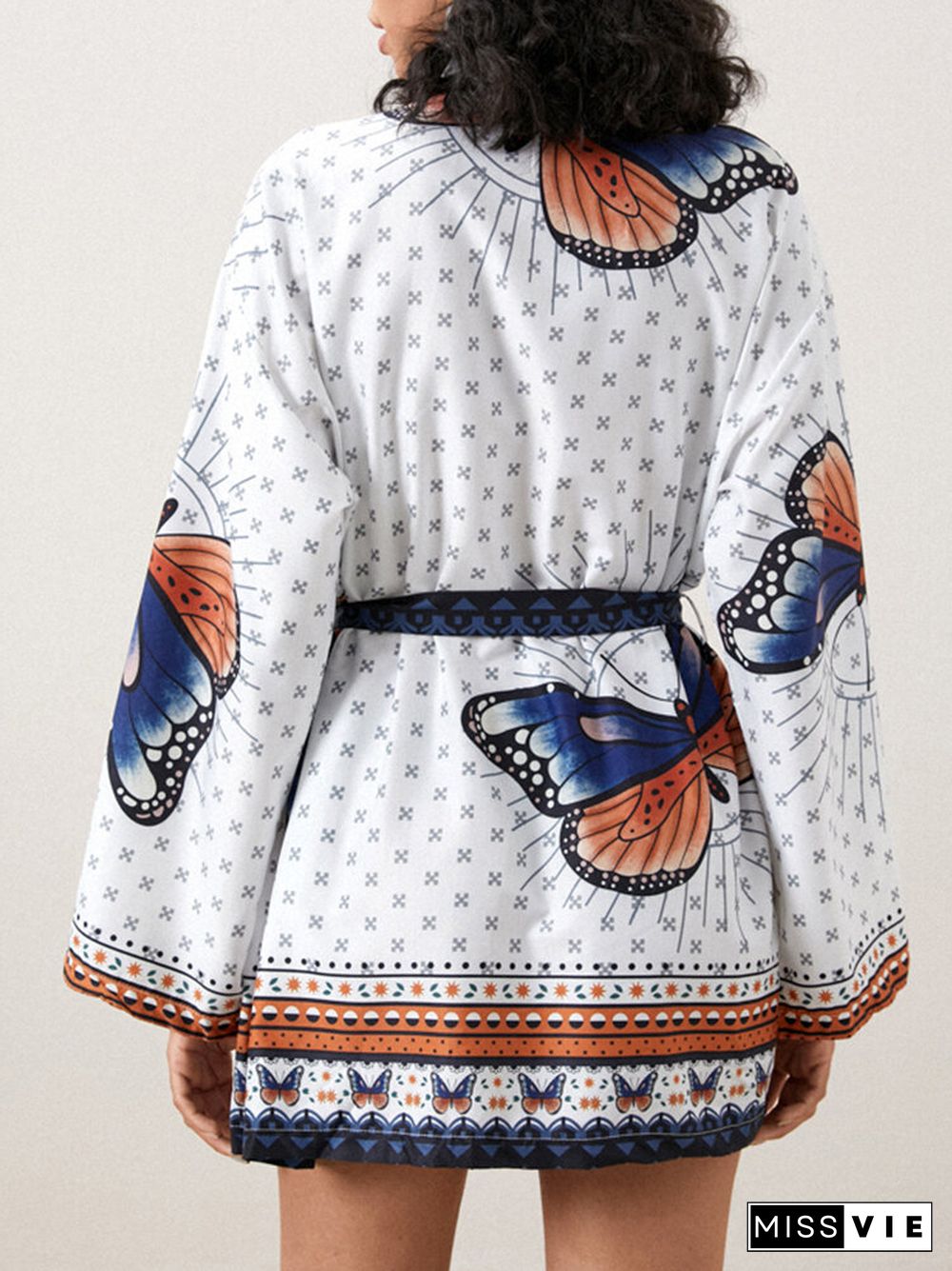 Butterfly Print Long Sleeve Wrap V-neck Dress With Belt