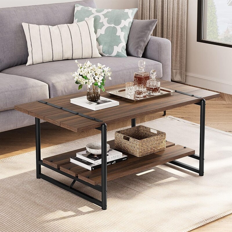 2 Tier Modern Industrial 41'' Large Wooden Coffee Table with Storage Shelf