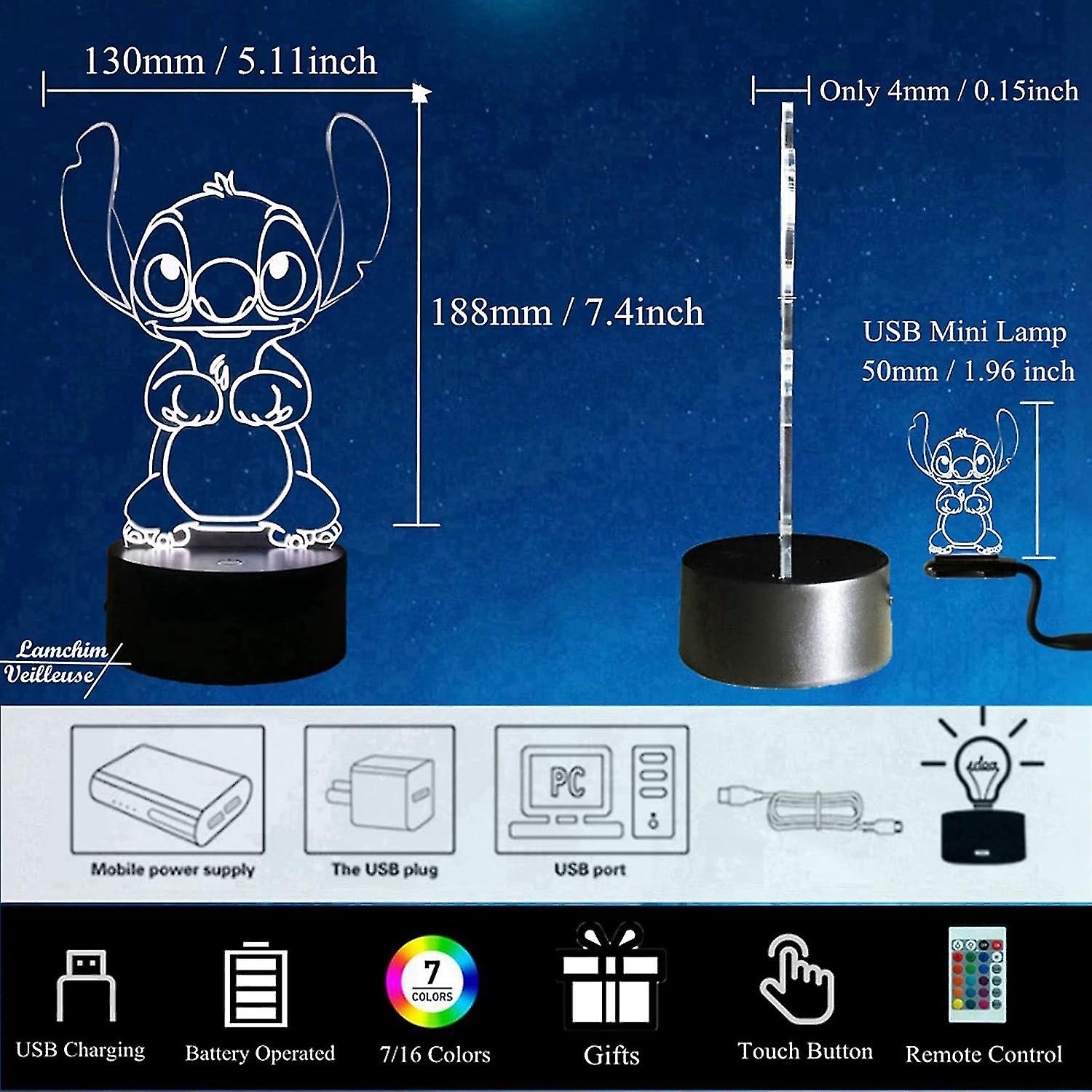 Stitch 3d Lamp Manga Led Light， Stitch Bedside Lamp 16 Colors 3d Desk Lamp Decoration， Usb Powered Touch Remote Kids Lamp