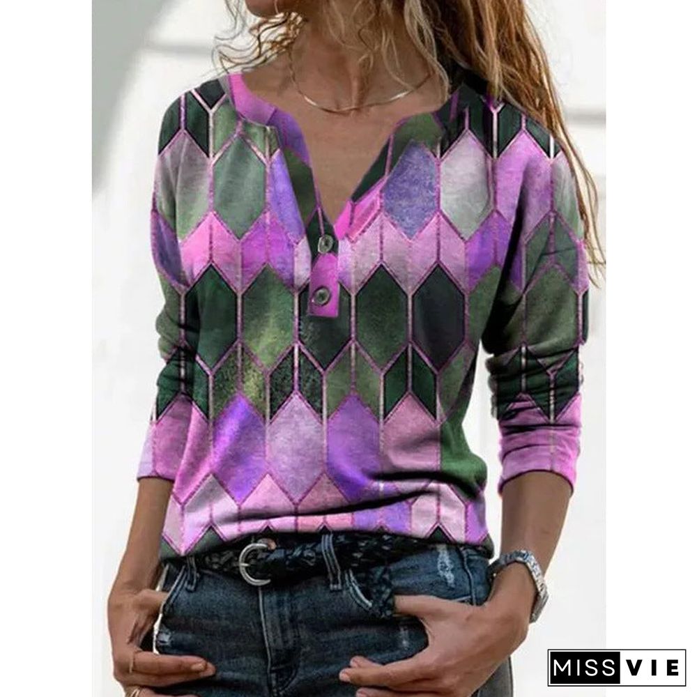 Women's Long Sleeve Printed V-neck Pullover Loose Blouses