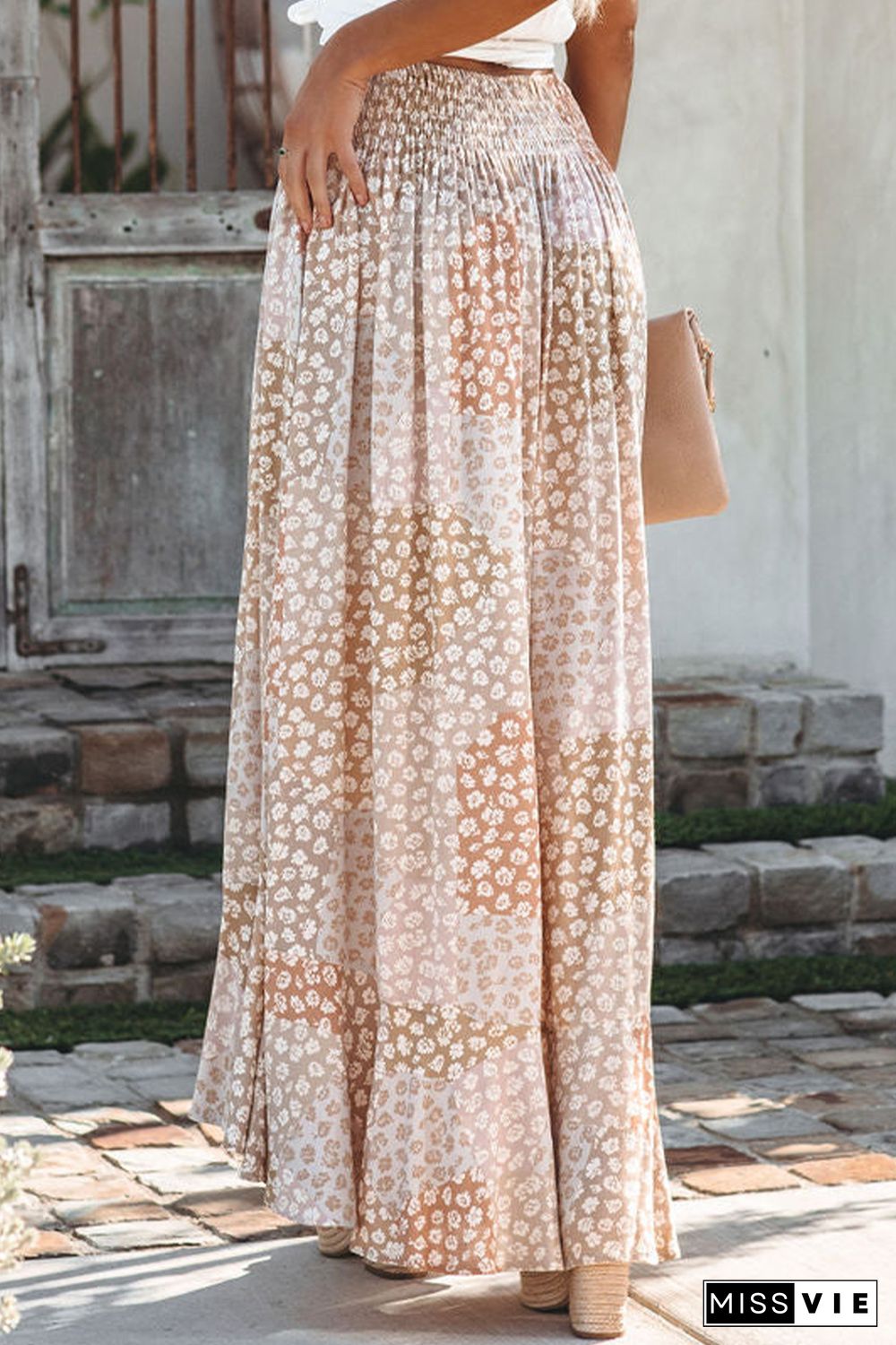 Apricot Boho Flower Print Smocked Waist Button Slit Maxi Skirt