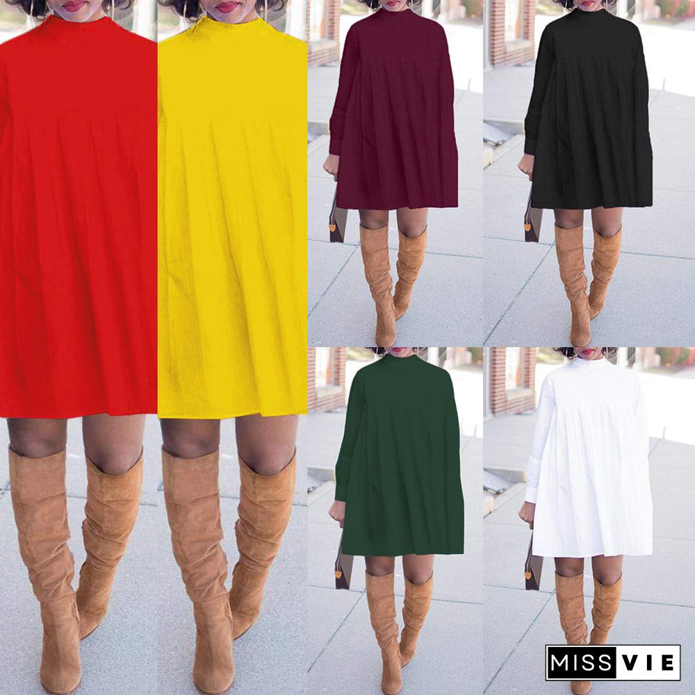 Hot Style Long Sleeves Round Neck Loose Pleated Dress