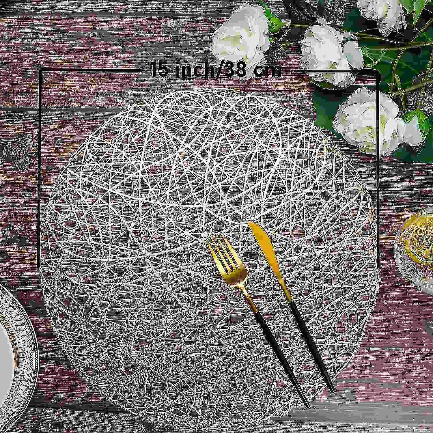 Gold Round Placemats Set Of 6 Line Circle Metallic Pressed Vinyl 15