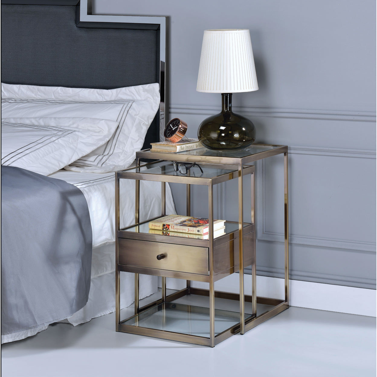 Stylish Nesting Tables Set, Clear Glass and  Brass, 2 Piece Pack- Saltoro Sherpi