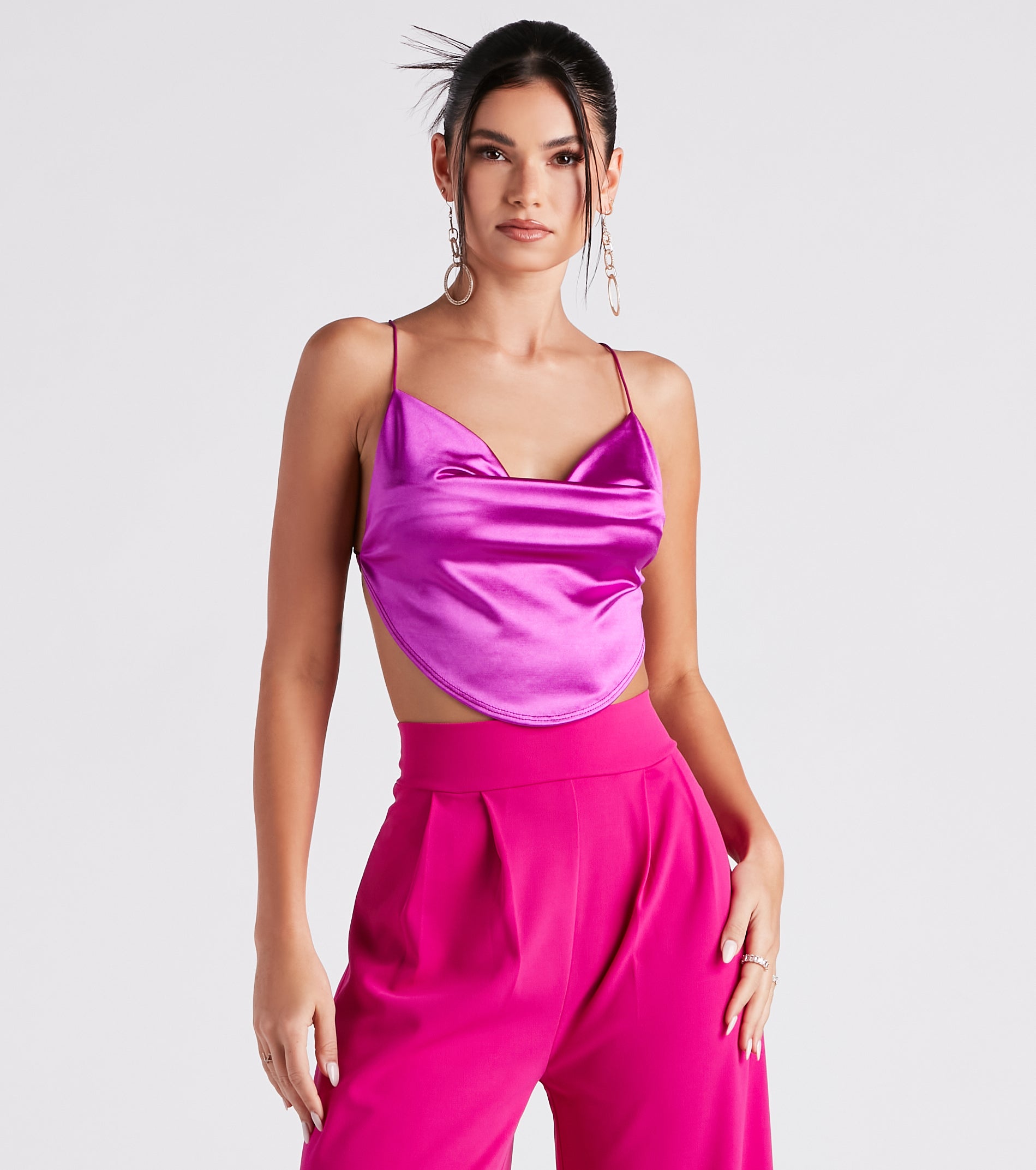 Satin Cowl Neck Strappy Crop Top